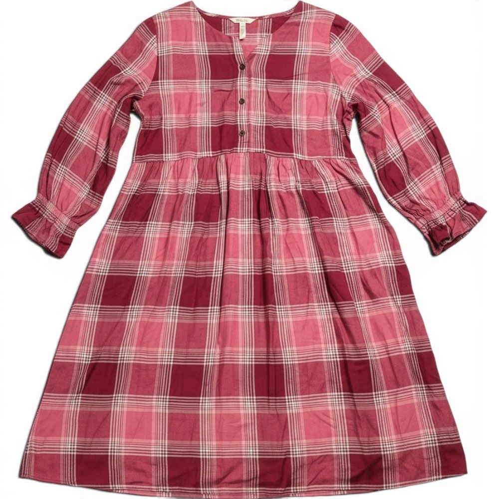 Matilda Jane Pink Plaid Babydoll Midi Dress Long Sleeve Pockets XL